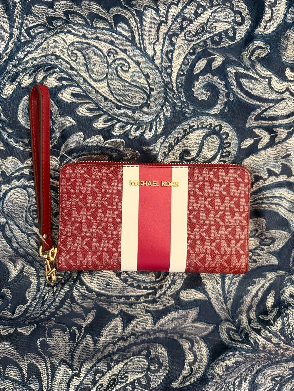 Michael Kors Red and White Signature Stripe Wristlet Wallet